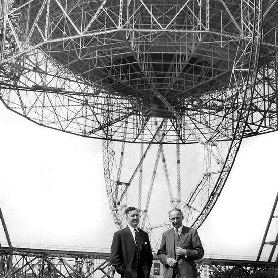 Professor Bernard Lovell (right) with Mr HC Husband, the consulting engineer who designed and constructed the Lovell Radio Telescope at the Jodrell Bank.