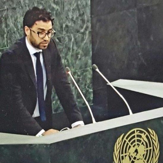 Karim Saafi speaks at a UN plinth