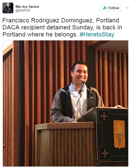 Tweet from @matpdx Francisco Rodriguez Dominguez, Portland DACA recipient detained Sunday, is back in Portland where he belongs. #HeretoStay