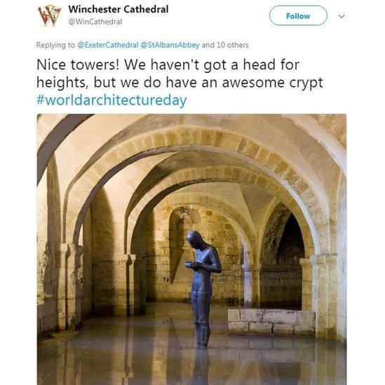 Winchester Cathedral: Nice towers! We haven't got a head for heights, but we do have an awesome crypt #worldarchitectureday