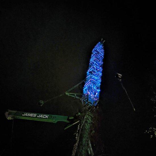 Crane in Matlock decorated with Christmas lights