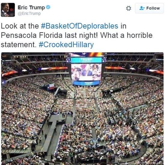 Tweet by Eric Trump: "Look at the #BasketofDeplorables in Pensacola Florida last night! What a horrible statement #CrookedHillary"