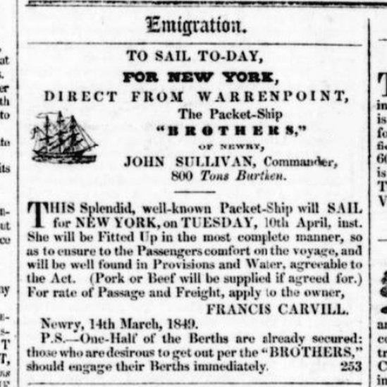 An advertisement for passage to new York appears on the front page of the Newry Commercial Telegraph newspaper on 10 April 1849