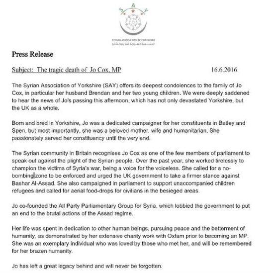 Press Release from Syrian Association of Yorkshire