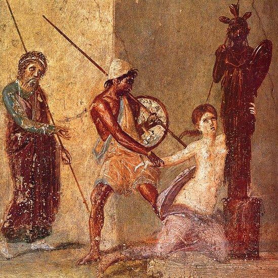 Painting: Ajax the Lesser drags Cassandra away from the Xoanon, 1st H. 1st cen. AD. Roman-Pompeian wall painting.