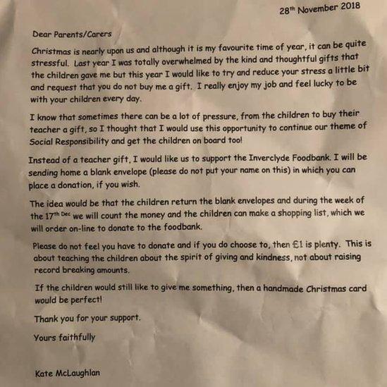 Letter sent out by teacher