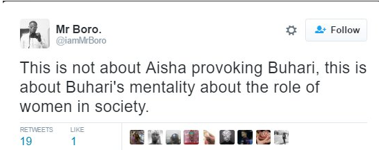 Tweet saying "This is about BUhari's mentality about the role of women in society."