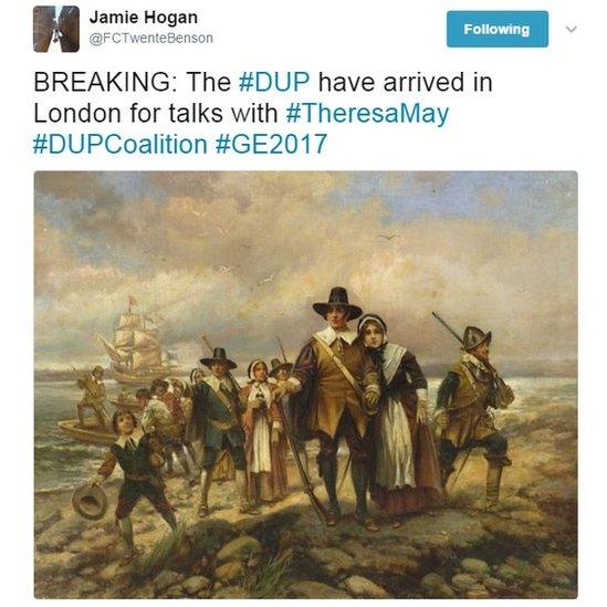 Meme using Pilgrims landing painting to poke fun at the DUP