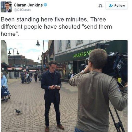 "Been standing here five minutes. Three different people have shouted "send them home""