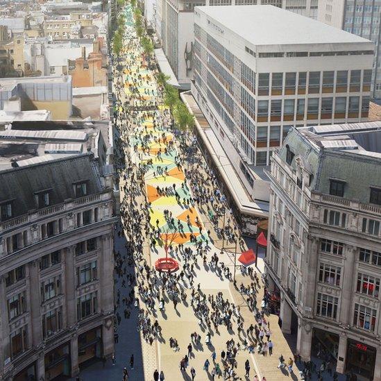 Artist impression of what the pedestrianised area of Oxford Street will look like