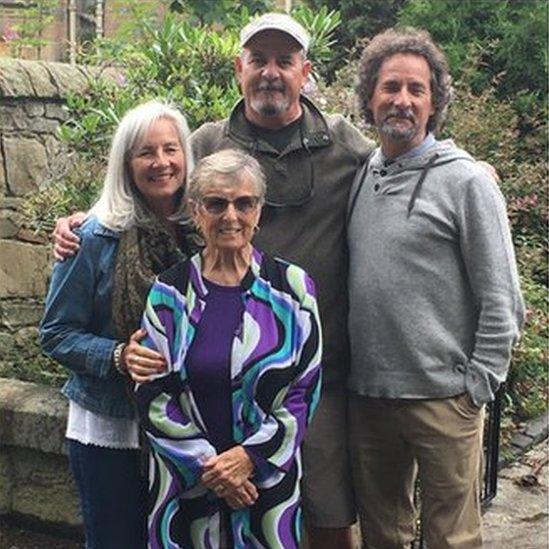 Mimi Swift, who was adopted as a 13-year-old by film-star Roy Rogers and his actress wife Dale Evans, on a return visit to her home city of Edinburgh, with her grown-up children. Mimi is in purple. Behind her, l-r, daughter Laurie, sons Dan and David.