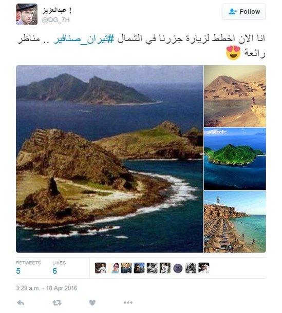 Tweet by @QG_7H reading: "Now I'm planning a visit to our islands in the north, Tiran and Sanafir... Lovely views".