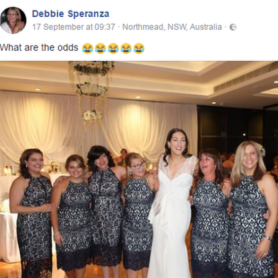 Six wedding guests in identical dresses pose for a photograph with the bride