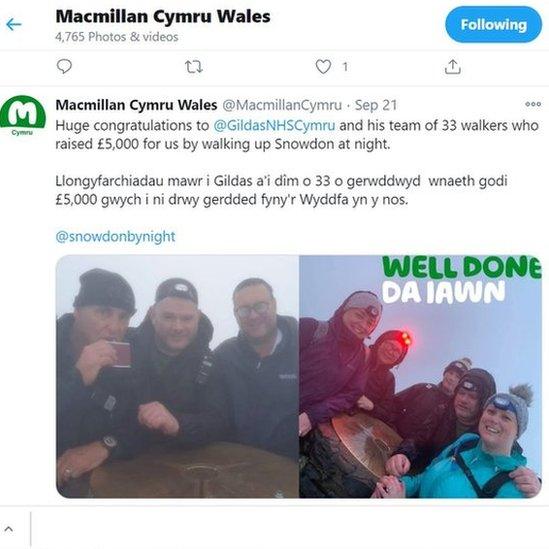 Gildas Griffiths yn cwblhau ei her o ddringo'r Wyddfa gyda'i ffrindiau