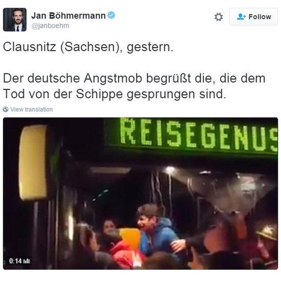 Tweet from @janboehm showing image of bus with crying child