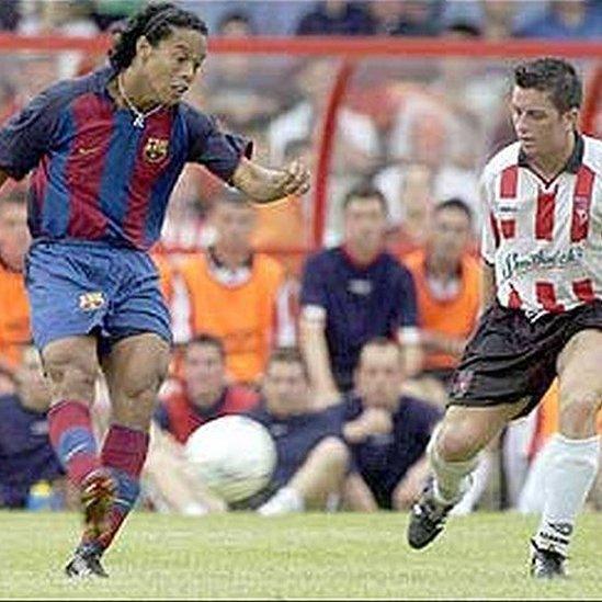 Ronaldinho of Brazil entertained the Brandywell spectators