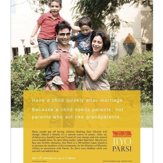 A poster of the campaign to promote child birth in Parsi community