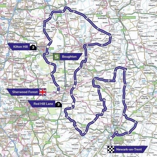 Tour of Britain stage in Nottinghamshire map