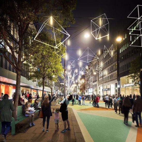 Artist impression of what the pedestrianised area of Oxford Street will look like