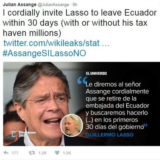 Tweet by Julian Assange reading: "I cordially invite Lasso to leave Ecuador within 30 days (with or without his tax haven millions)