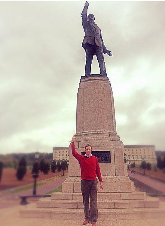 Toby Carson pictured underneath his great-grandfather's statue