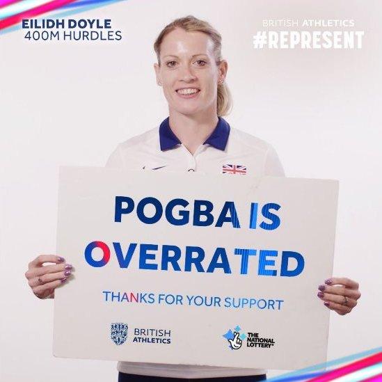 Eilidh Doyle holds a sign superimposed with the slogan: Pogba is overrated