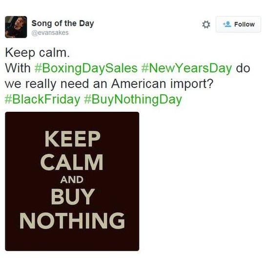 @evansakes tweets: Keep calm. With #BoxingDaySales #NewYearsDay do we really need an American import?