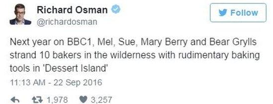 Next year on BBC1, Mel, Sue, Mary Berry and Bear Grylls strand 10 bakers in the wilderness with rudimentary baking tools in 'Dessert Island'