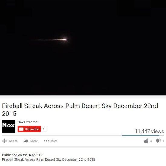 Picture of You Tube video of fireball in 2015