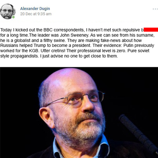 Dugin blog post criticising John Sweeney