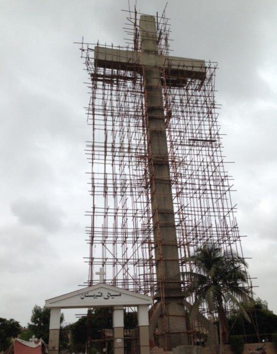 Cross under construction in Karachi Christian cemetery