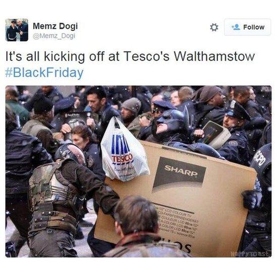 @Memz_Dogi tweets: It's all kicking off at Tesco's Walthamstow #BlackFriday