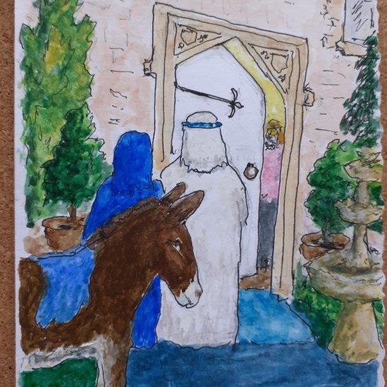 David Handford's Christmas card drawing of Mary and Joseph at the door of a care home