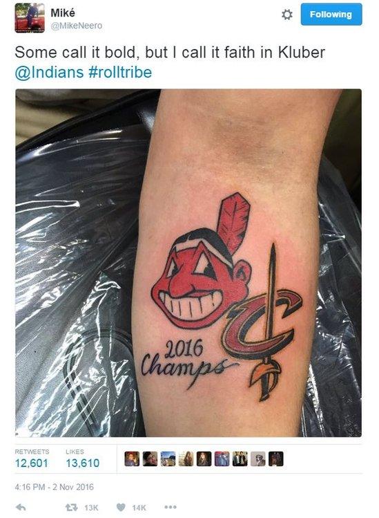 Tweet reads: "Some call it bold, but I call it faith in Kluber @Indians #rolltribe"