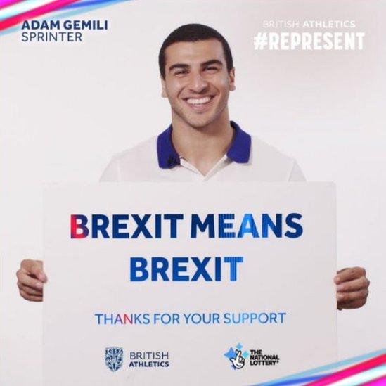 Adam Gemili holds a sign superimposed with the slogan: Brexit means Brexit