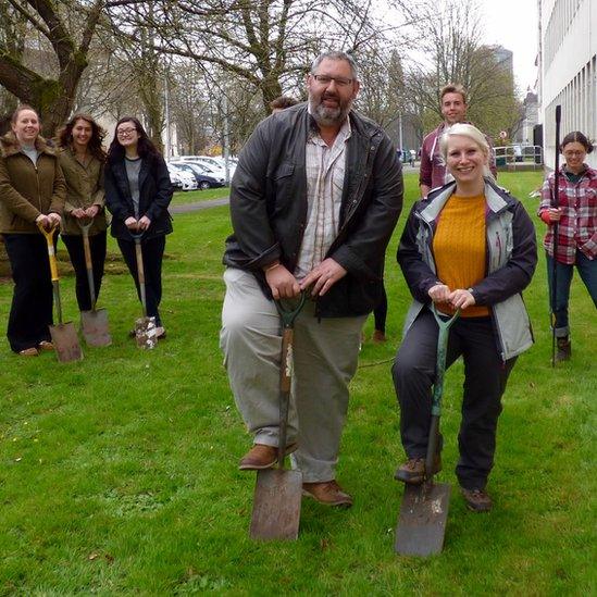 Prof Les Baillie is joined by students, the Pollen8 group and charity Buglife for the planting