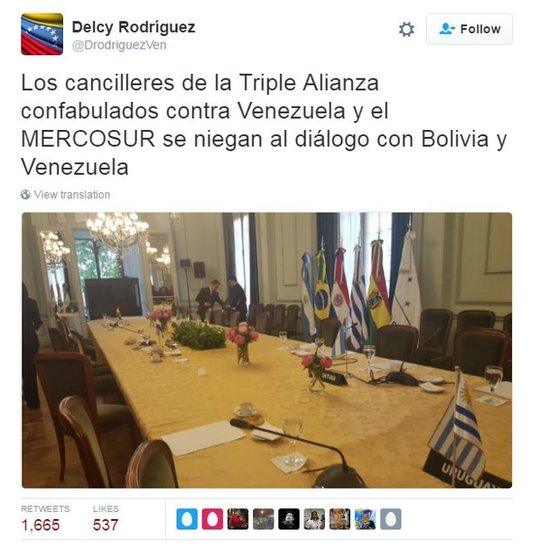 Tweet by Delcy Rodriguez reading: "The foreign ministers of the Triple Alliance collude against Venezuela and Mercosur by refusing to enter into dialogue with Bolivia and Venezuela.