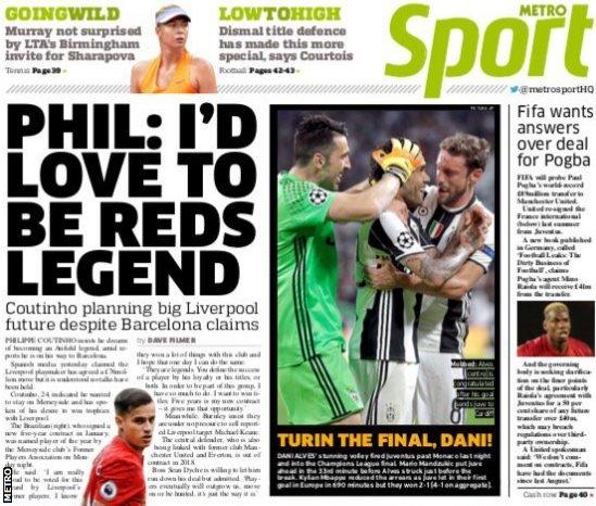 The Metro leads on Liverpool's Philippe Coutinho stating hopes for his future at Anfield