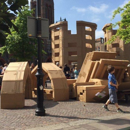 The cardboard tower being built in Newbury town centre