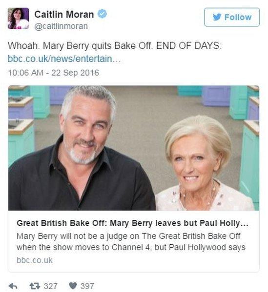 Whoah. Mary Berry quits Bake Off. END OF DAYS: