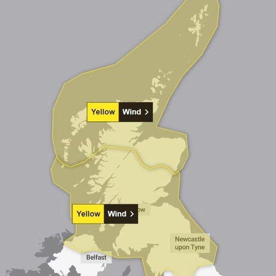 Map showing yellow weather warnings