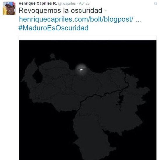 Picture of Venezuela in darkness except for a spot of light where Caracas is located