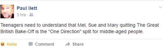 Teenagers need to understand that Mel, Sue and Mary quitting The Great British Bake-Off is the "One Direction" split for middle-aged people.