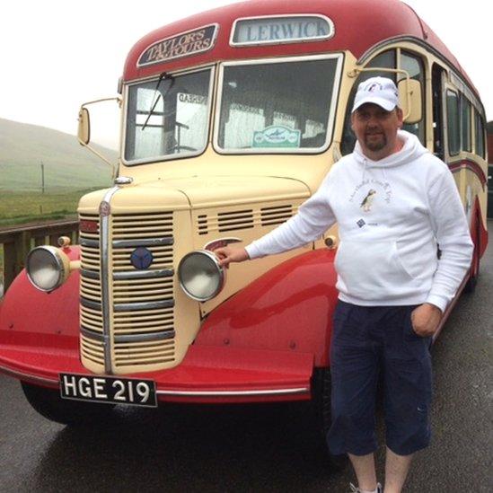 Nick Taylor with his Bedford OB coach in Shetland