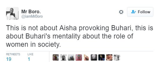 Tweet saying "This is about BUhari's mentality about the role of women in society."