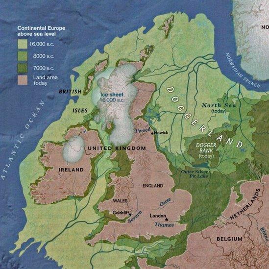 Map showing land around Britain and how it has been lost to the sea over the millennia