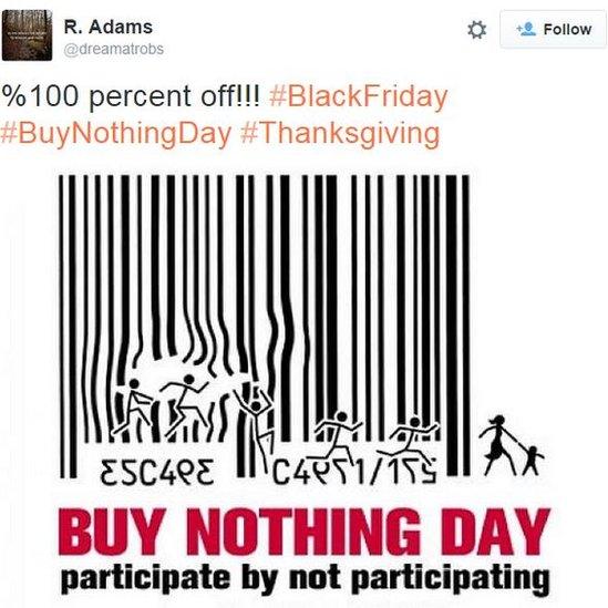 @dreamatrobs tweets: %100 percent off!!! #BlackFriday #BuyNothingDay #Thanksgiving