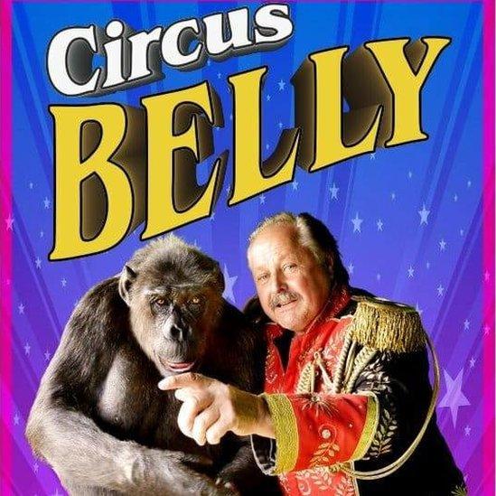 A poster of circus belly in which Robby performs. The chimp poses alongside ringmaster Klaus Köhler