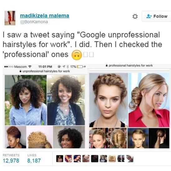 I saw a tweet saying "Google unprofessional hairstyles for work" I did Then I checked the professional ones.