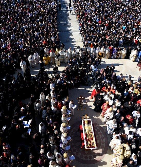 Faithful people attend the funeral of the Serbian Orthodox Church Metropolitan bishop of Montenegro, Metropolitan Amfilohije (Radovic) in Podgorica, Montenegro, 01 October 2020